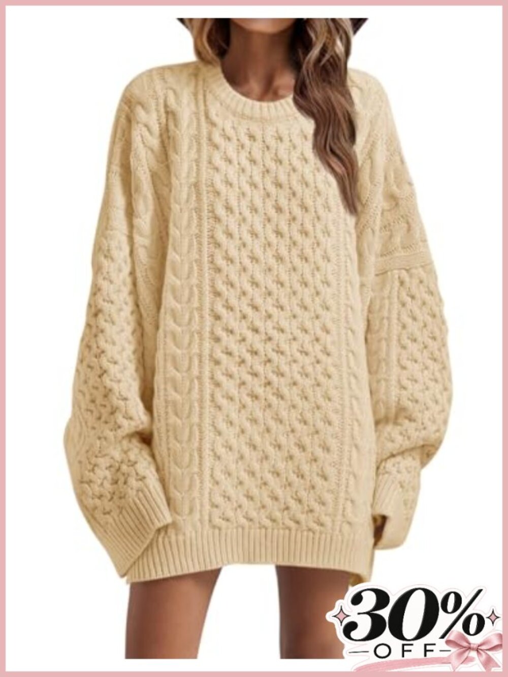 Oversized Chunky Cable Knit Tunic Sweater 100% Acrylic